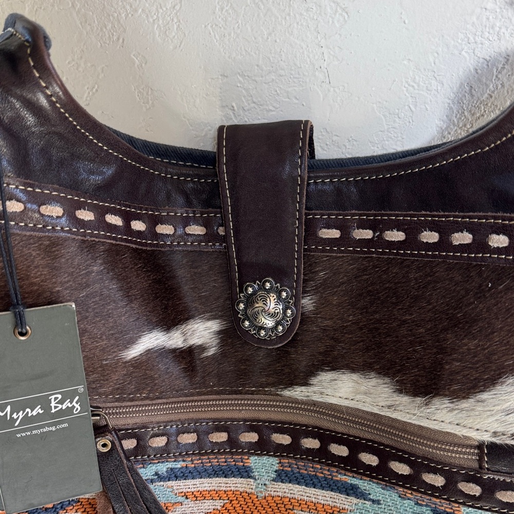 NWT Western Myra Bag Brown and Blue Patterned Shoulder Bag with Leather Cowhide - Picture 4 of 7